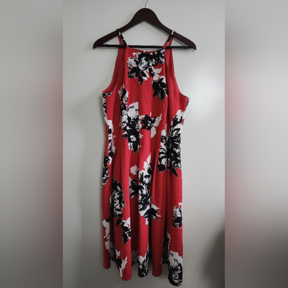 Adrianna Papell Floral A-Line Pleated Cocktail Dress - Red, Black, White
